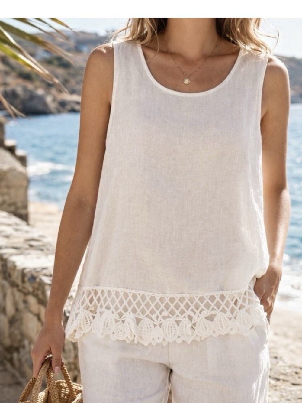 #1) Women's White Linen Crochet-Hem Tank Top